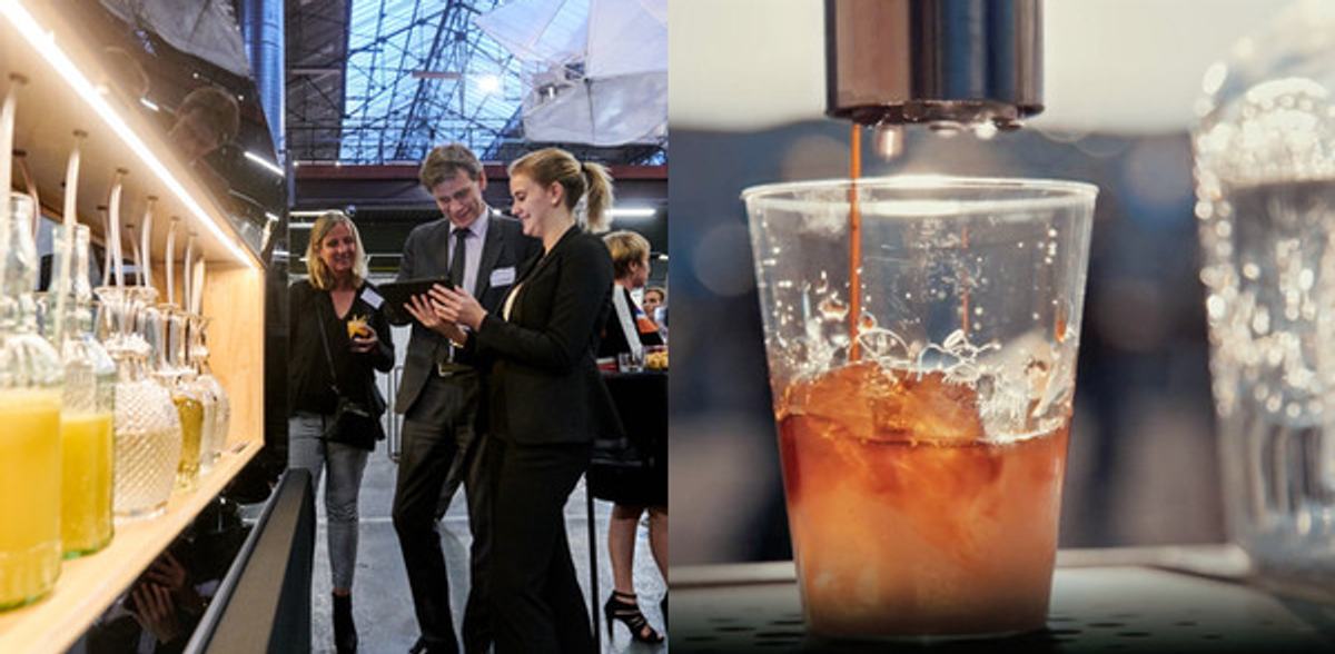 Mixly robotic bartender enclosure with sleek and attractive design, automated drink preparation, tailored drinks concept, delightful customer experience, people and cocktails
