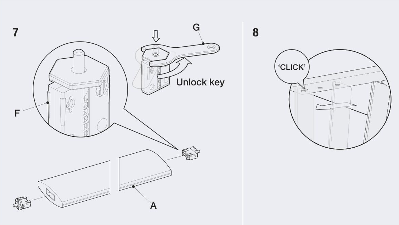 Installation guide: placing the slat with the retractable pin and unlock key