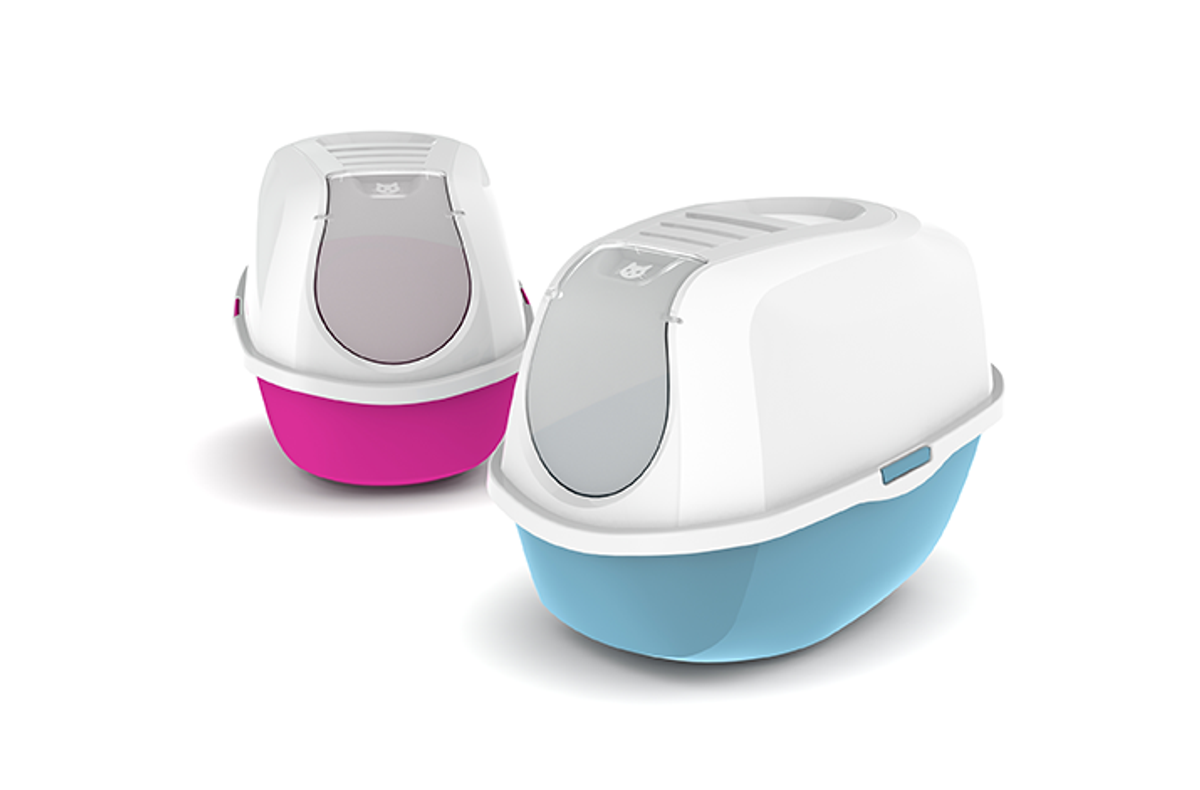 Comfy Cat litter box redesign by Moderna Products, reduced components, streamlined design, improved functionality, 30% reduction in logistical footprint, rendering