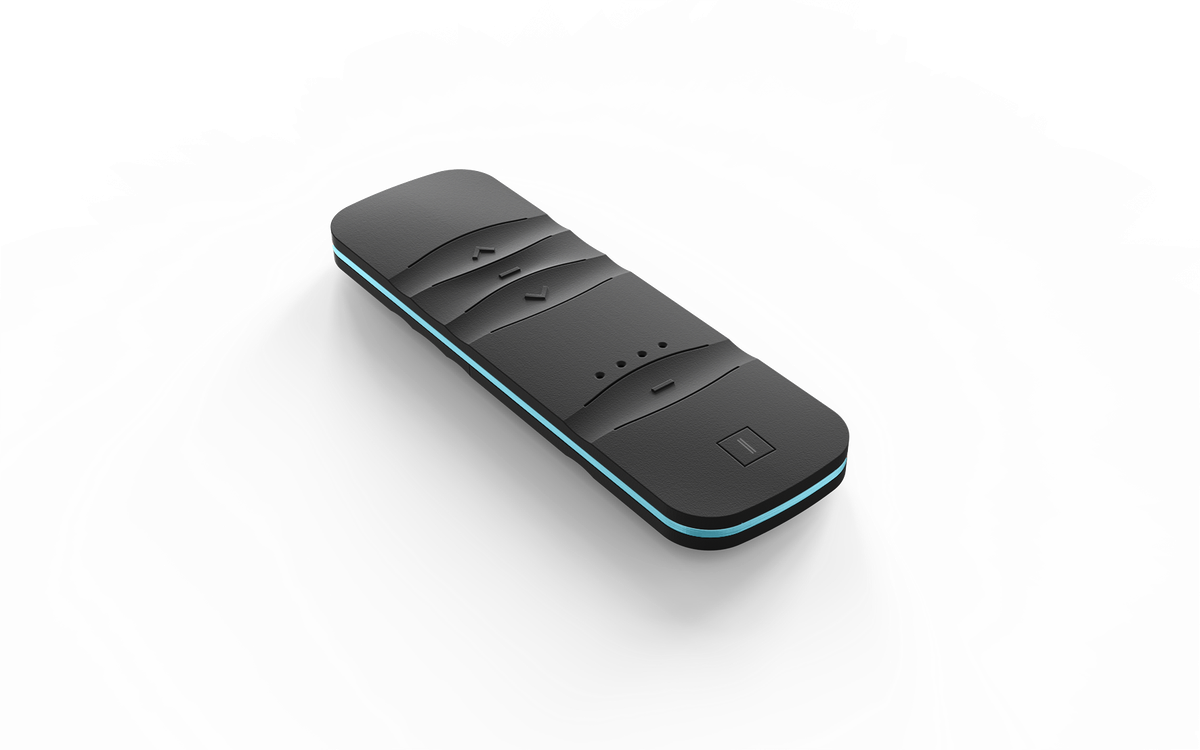 Moa remote control design by Niiche, featuring smooth transitions and subtle contrasts, customizable color accents, for brands like Somfy and Brel