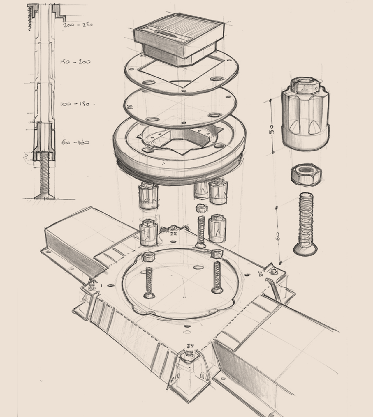Exploded concept sketch of the modular floor box with levelling feet