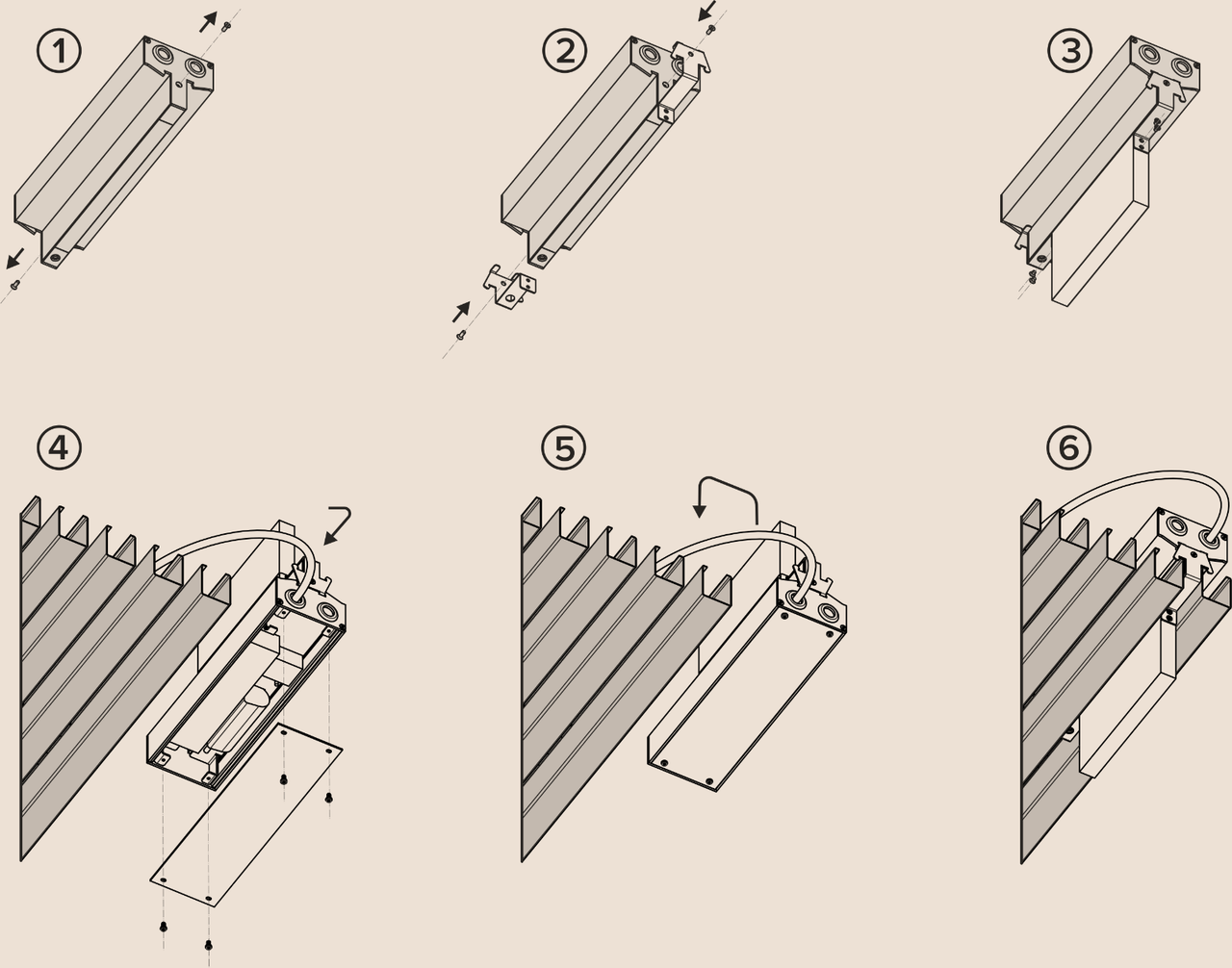 Six-step installation drawing: mounting the Slim LED and signage kit in the ceiling