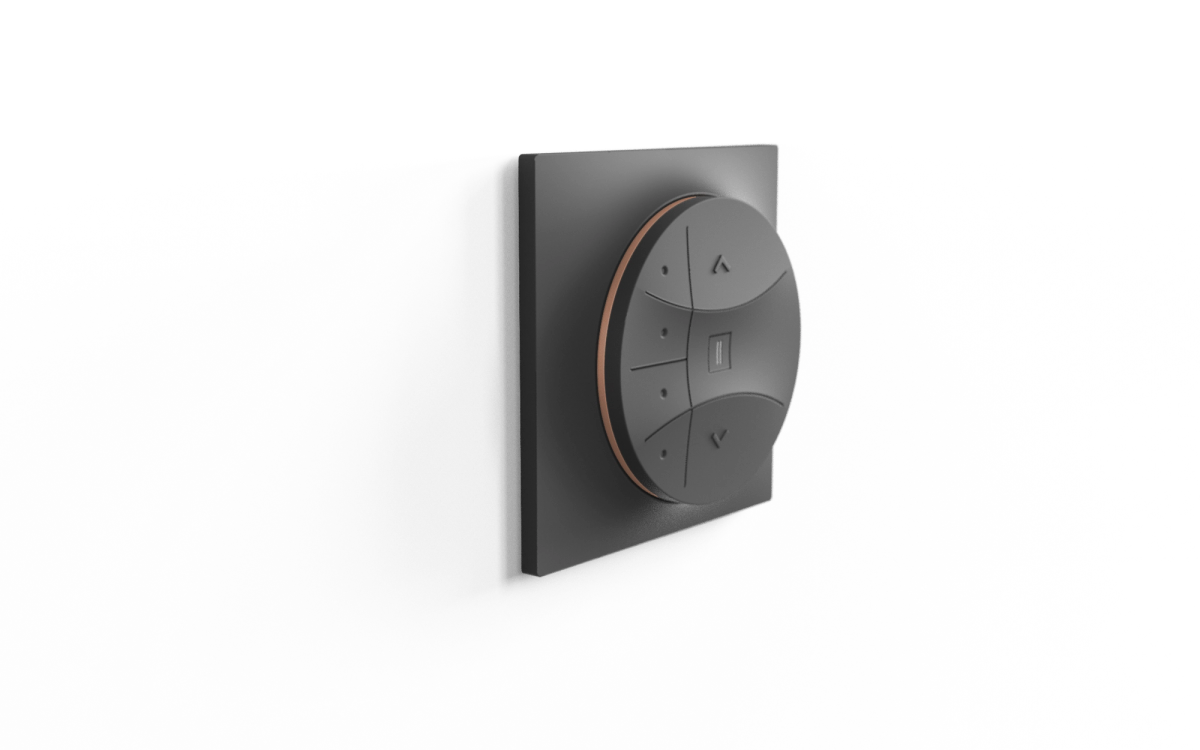Moa remote control design by Niiche, featuring smooth transitions and subtle contrasts, customizable color accents, for brands like Somfy and Brel, wall module.
