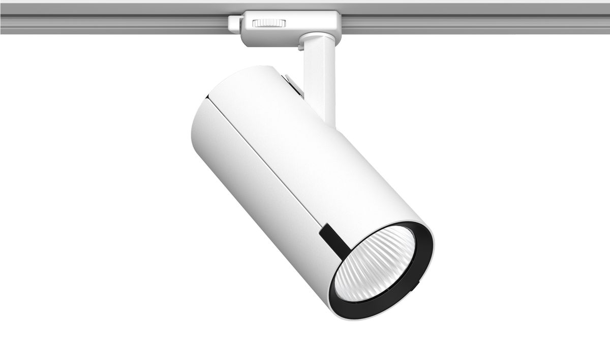 Sirux modular spotlight featuring a sleek minimalist design in black and white, offering customizable electronic upgrades and supporting various control systems for sustainable and long-lasting lighting.