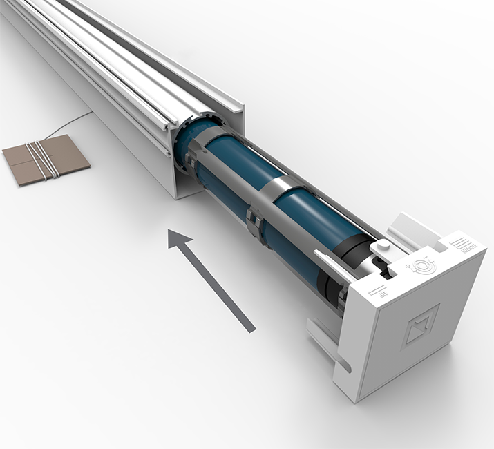 Inside Blinds Maxi-E silent retractor, revolutionary winding system for silent opening and closing of roman blinds, patented detection method for winding process, concept design, design for assembly, engineering, exploded view