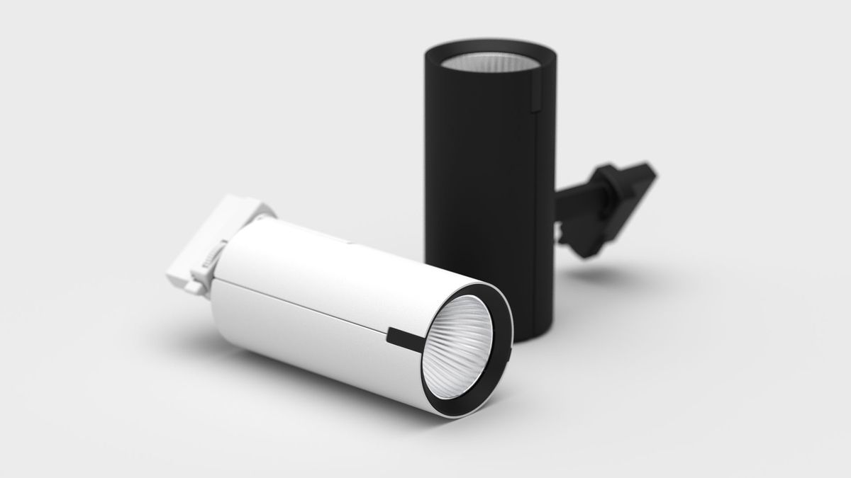 Sirux modular spotlight featuring a sleek minimalist design in black and white, offering customizable electronic upgrades and supporting various control systems for sustainable and long-lasting lighting.