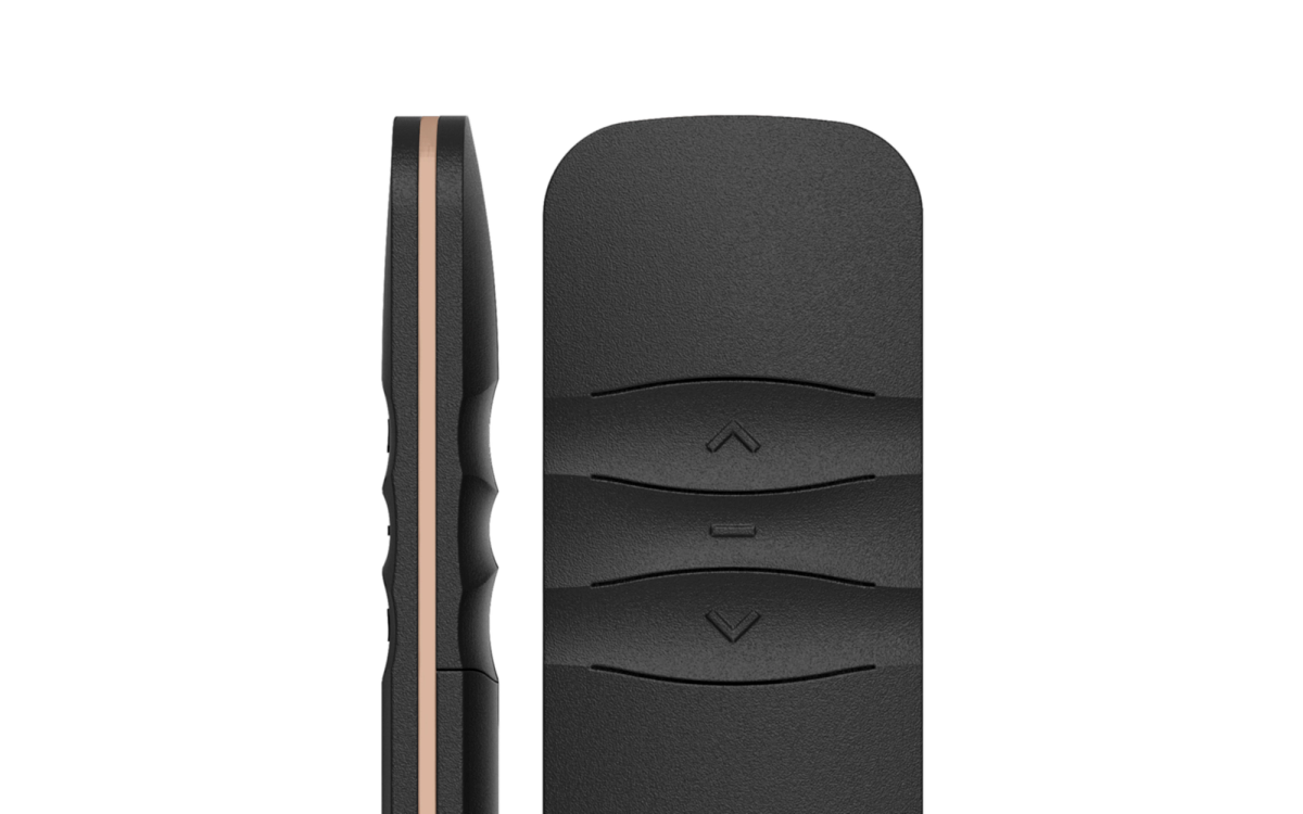 Moa remote control design by Niiche, featuring smooth transitions and subtle contrasts, customizable color accents, for brands like Somfy and Brel, side and front view