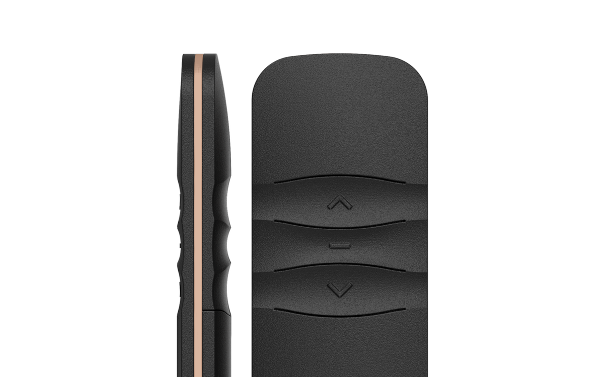 Moa remote control design by Niiche, featuring smooth transitions and subtle contrasts, customizable color accents, for brands like Somfy and Brel, side and front view