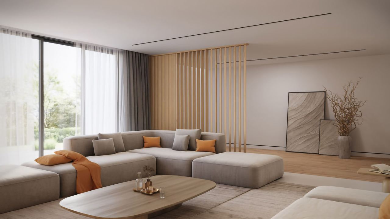 Splitt Oak slats along the wall of a living room