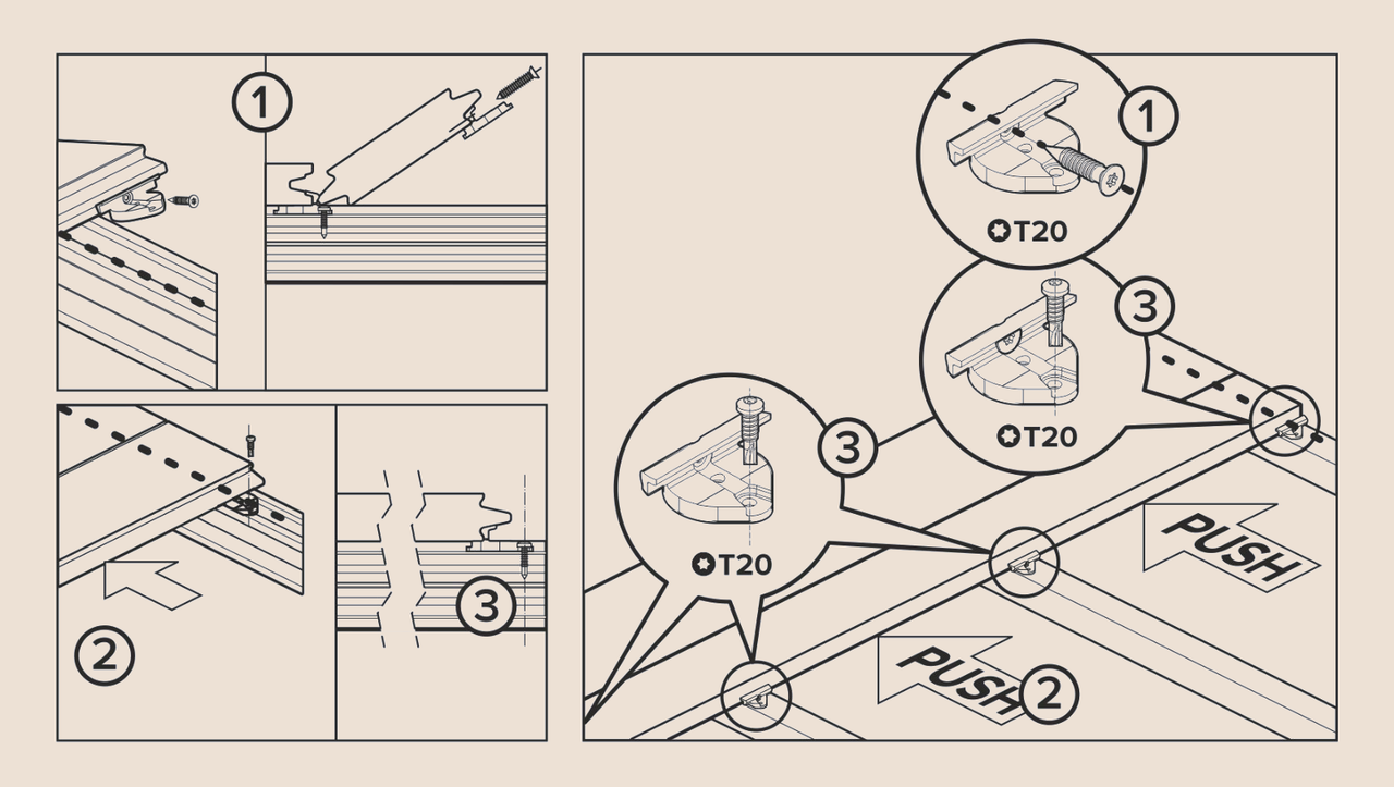 Installation manual illustrations: fixing the clips and pushing the boards into place