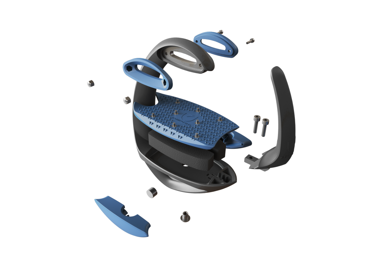 Exploded view of the Ellipse stirrup with its blue covers, foot plate and cushion
