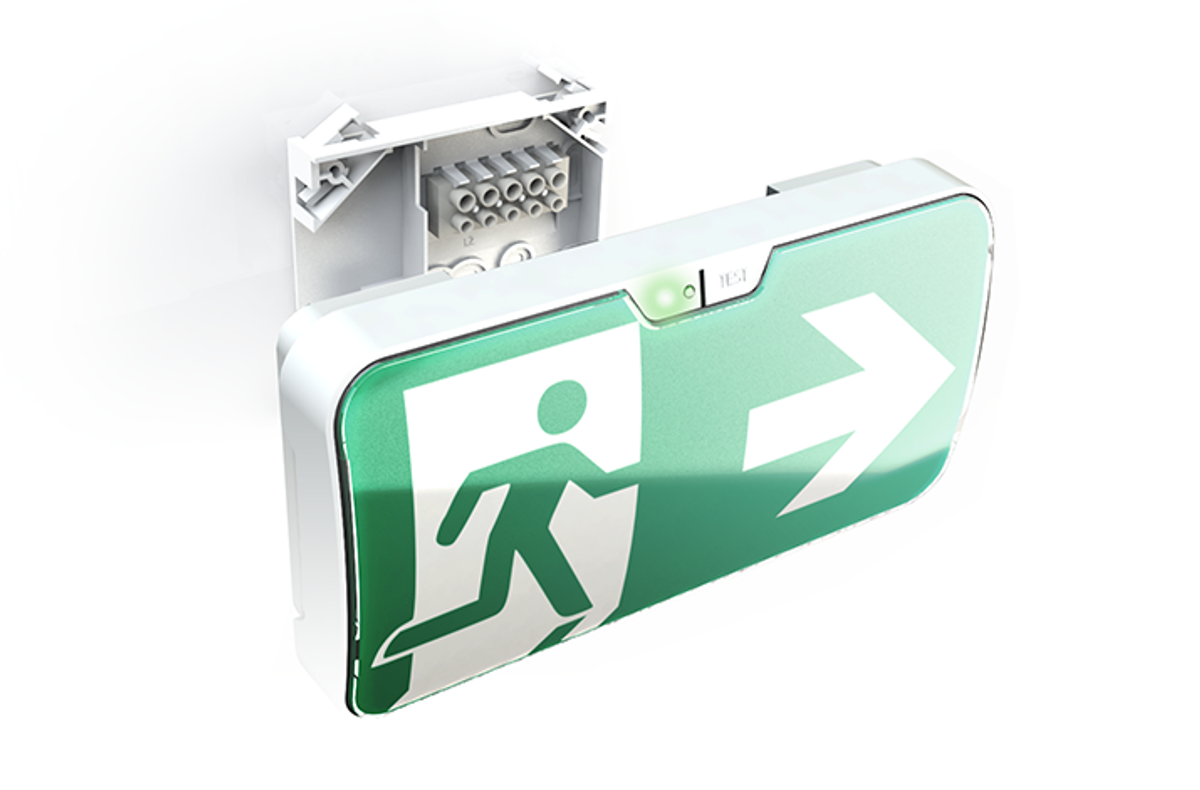 Linergy Trend emergency lighting, cost-effective solution with LED technology, simple and fast installation, smart locking system, hidden locking mechanism, expertise in lighting design, plastics engineering, and design for assembly, exploded view
