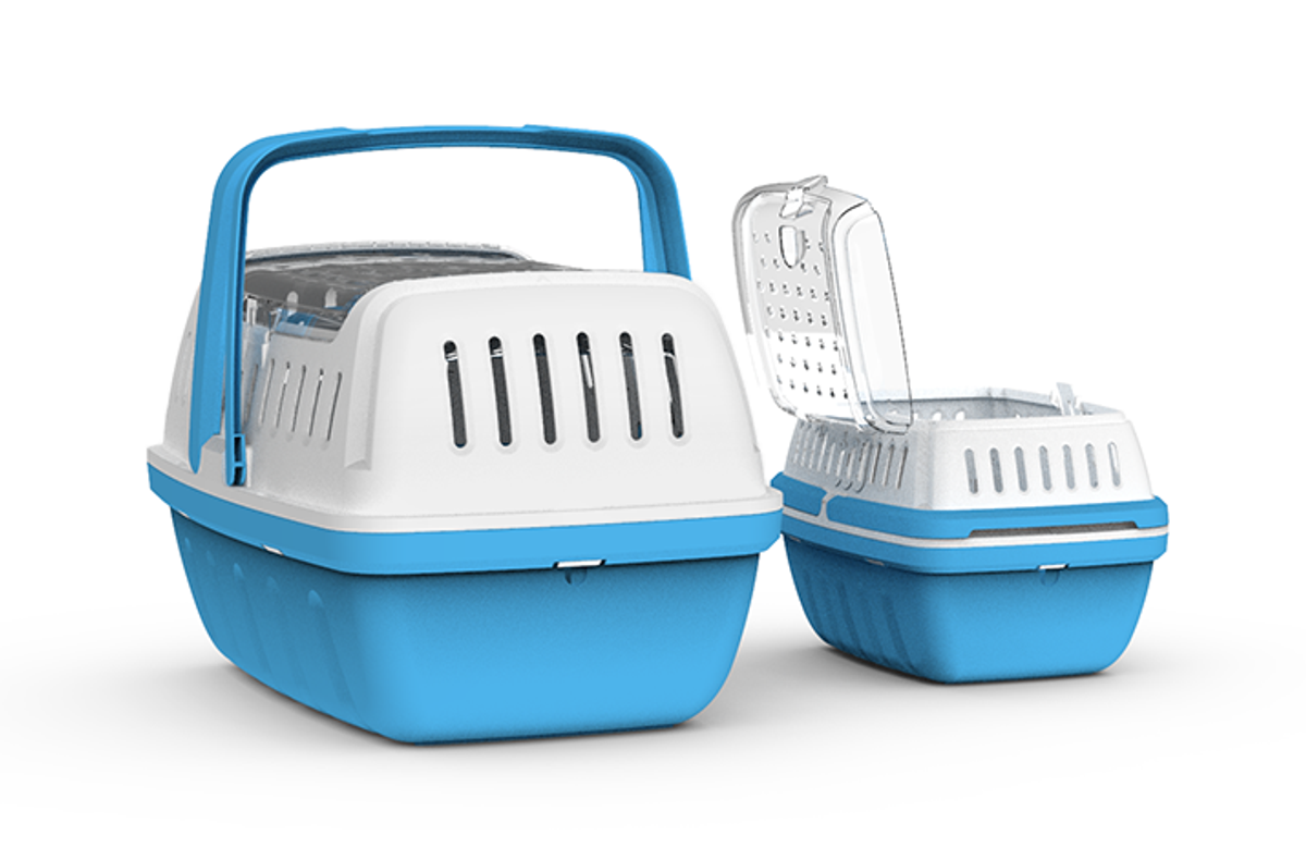 Hipster rodent pet carrier by Moderna Products, designed for ultimate human-pet interaction, transparent lid, user-friendly lock, stackable design, comes in two sizes, rendering
