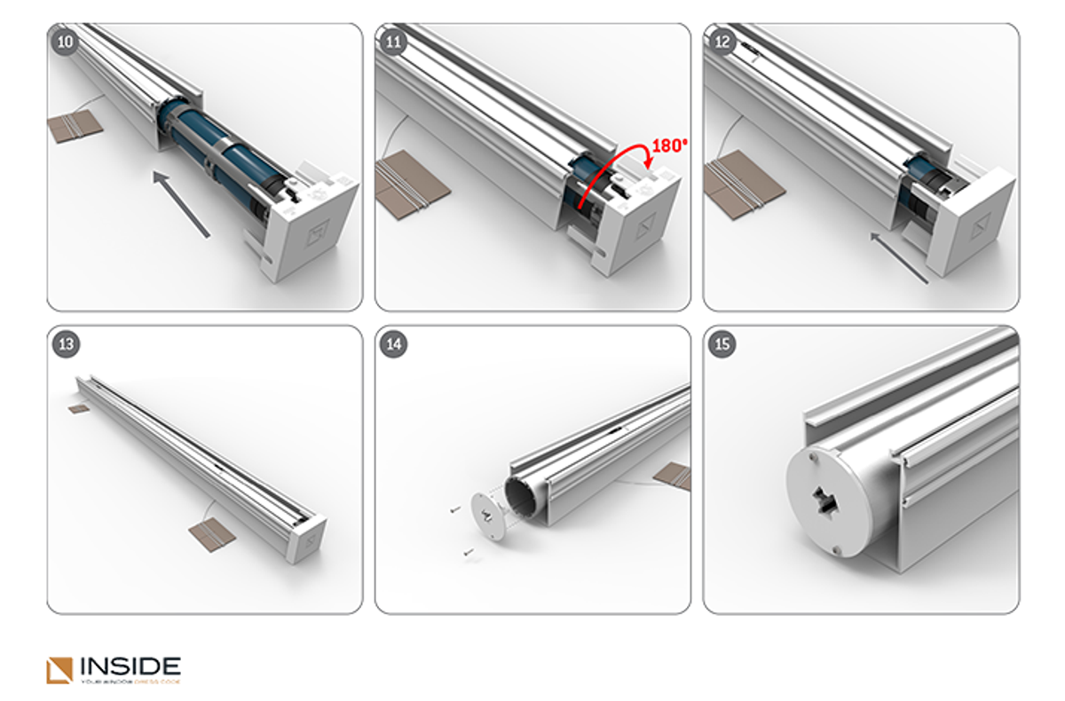 Inside Blinds Maxi-E silent retractor, revolutionary winding system for silent opening and closing of roman blinds, patented detection method for winding process, concept design, design for assembly, engineering, instruction manual