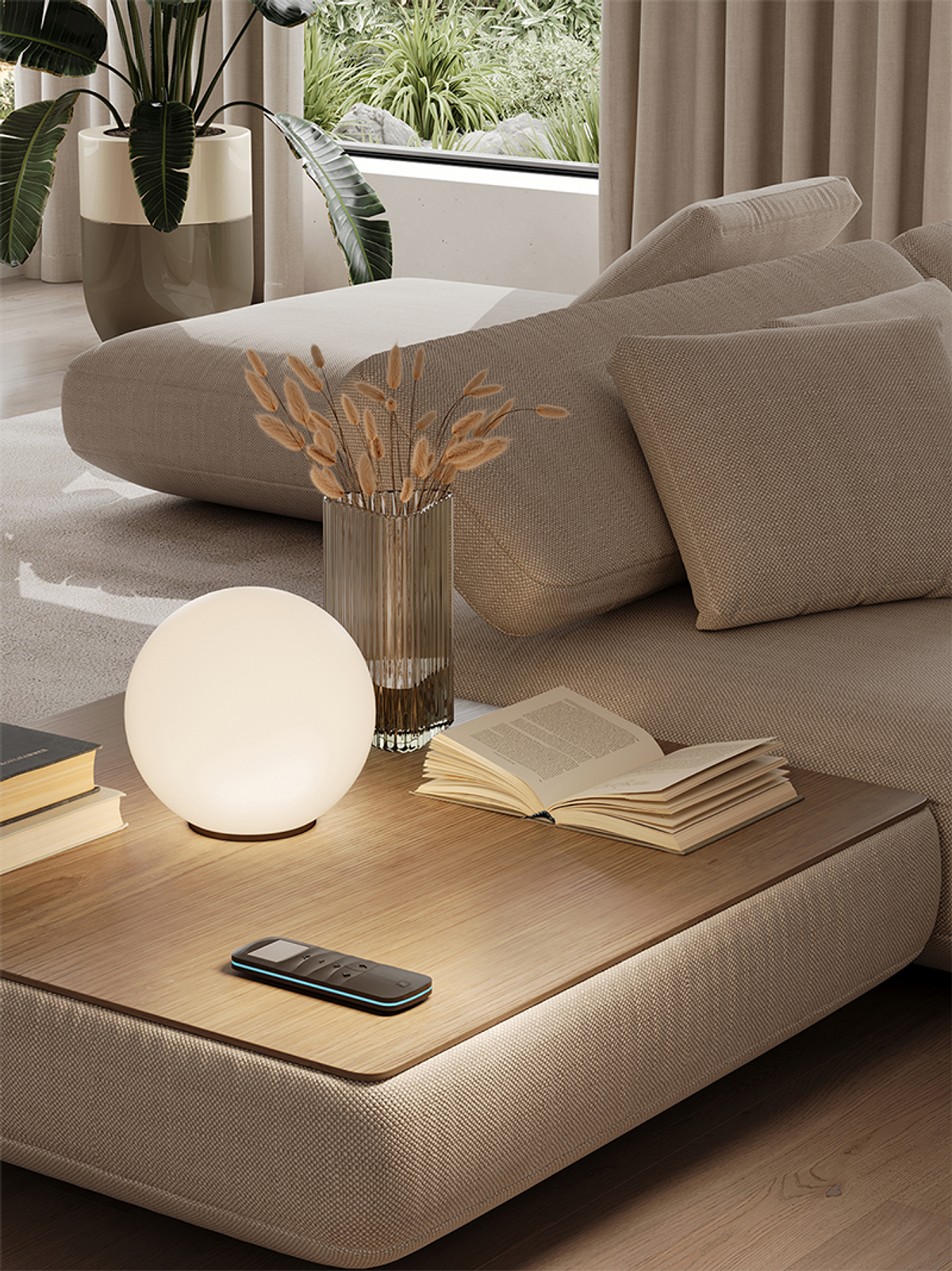 Moa remote control design by Niiche, featuring smooth transitions and subtle contrasts, customizable color accents, for brands like Somfy and Brel, in interior