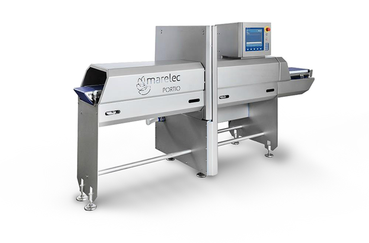 Portio F1 food portion cutter by Marelec, designed for high precision and easy maintenance, emphasis on hygiene, removable conveyor belts, reflects brand identity, closed