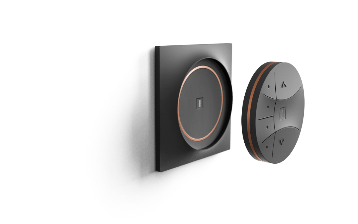 Moa remote control design by Niiche, featuring smooth transitions and subtle contrasts, customizable color accents, for brands like Somfy and Brel, wall module, exploded view
