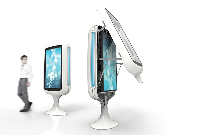 Barco (Dzine) digital signage pod, innovative concepts with interchangeable skins, easily accessible components for maintenance, open and closed pod