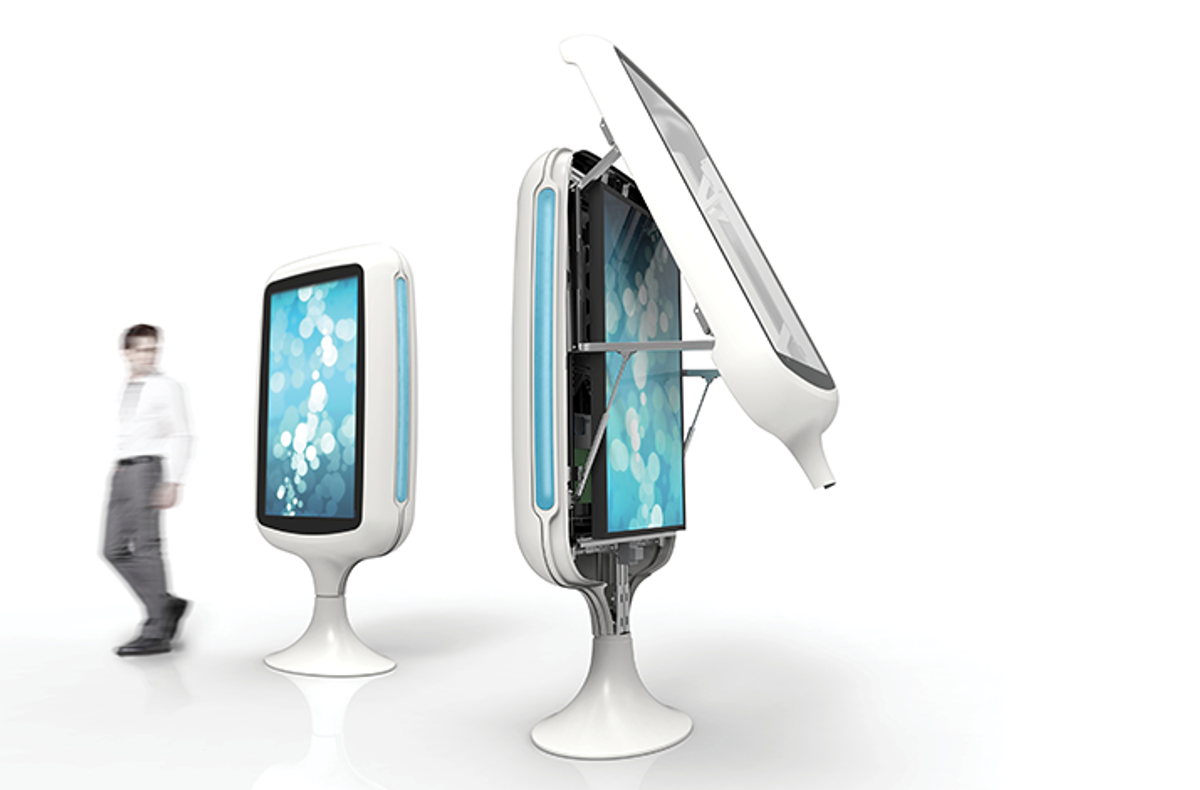 Barco (Dzine) digital signage pod, innovative concepts with interchangeable skins, easily accessible components for maintenance, open and closed pod