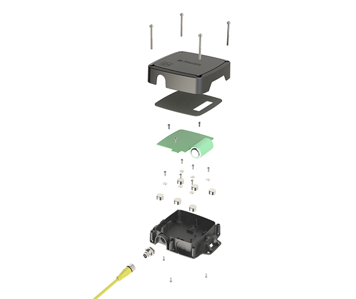 Trailer4U GPS tracker waterproof case by Trimble Transport & Logistics, smooth surface design, pressure tested at 4 meters depth, meets IP69K standard for all weather resistance, exploded view