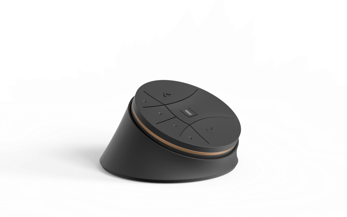 Moa remote control design by Niiche, featuring smooth transitions and subtle contrasts, customizable color accents, for brands like Somfy and Brel, wall module, desk model