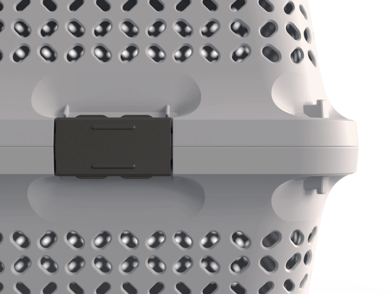 Close-up of the black locking hook on the ventilated shell