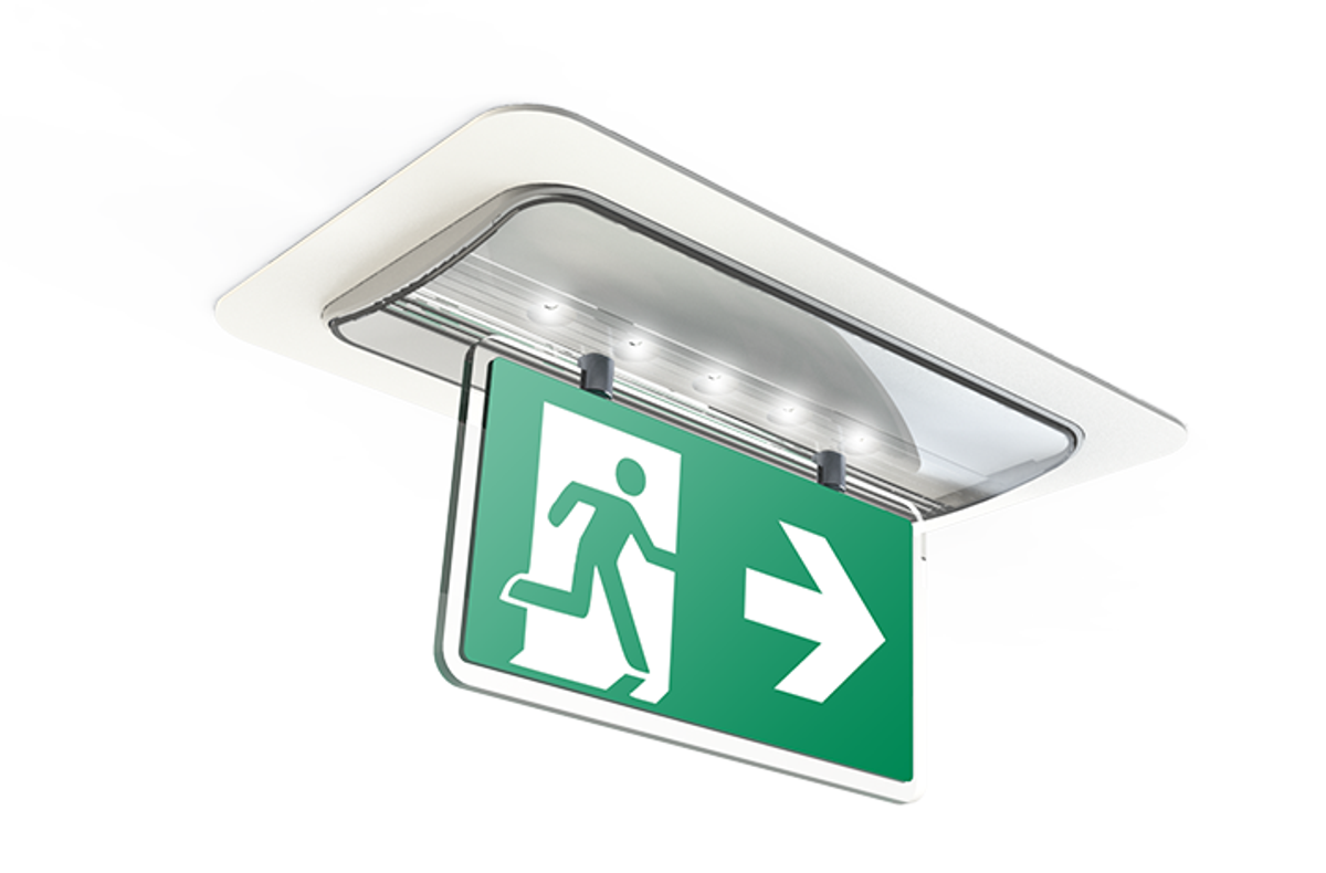 Linergy Trend emergency lighting, cost-effective solution with LED technology, simple and fast installation, smart locking system, hidden locking mechanism, expertise in lighting design, plastics engineering, and design for assembly, with flag