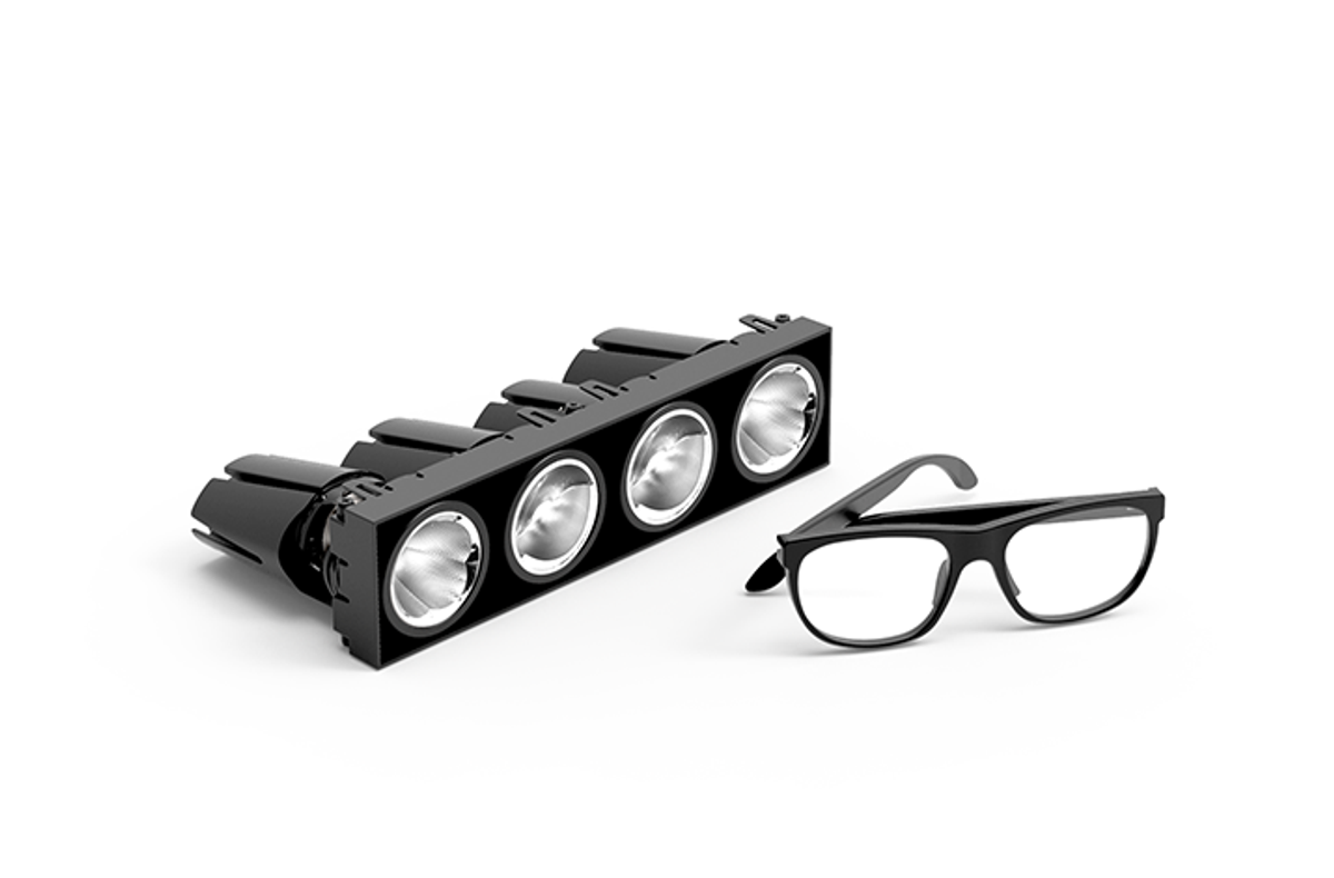 Magiq Pro lighting system by Prolicht with modular design, combining up to four light beams into one fixture, offering maximum freedom for lighting designers, glasses with lighting fixture