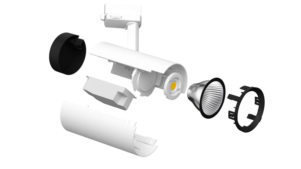 Sirux modular spotlight featuring a sleek minimalist design in black and white, offering customizable electronic upgrades and supporting various control systems for sustainable and long-lasting lighting.