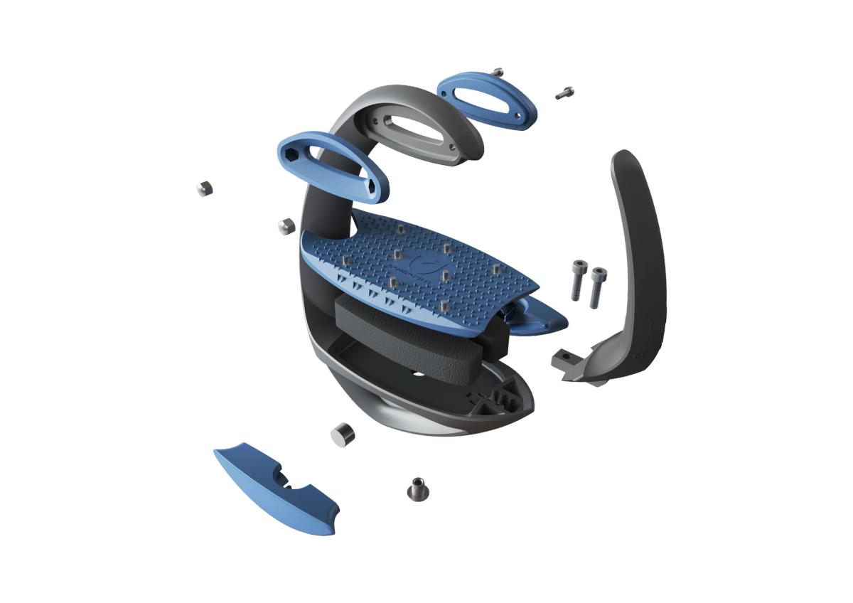Ellipse Stirrup by Compositi, featuring flexible outer branch, solid connection, excellent grip spikes, cushioned footrests, removable covers for personalization, exploded view