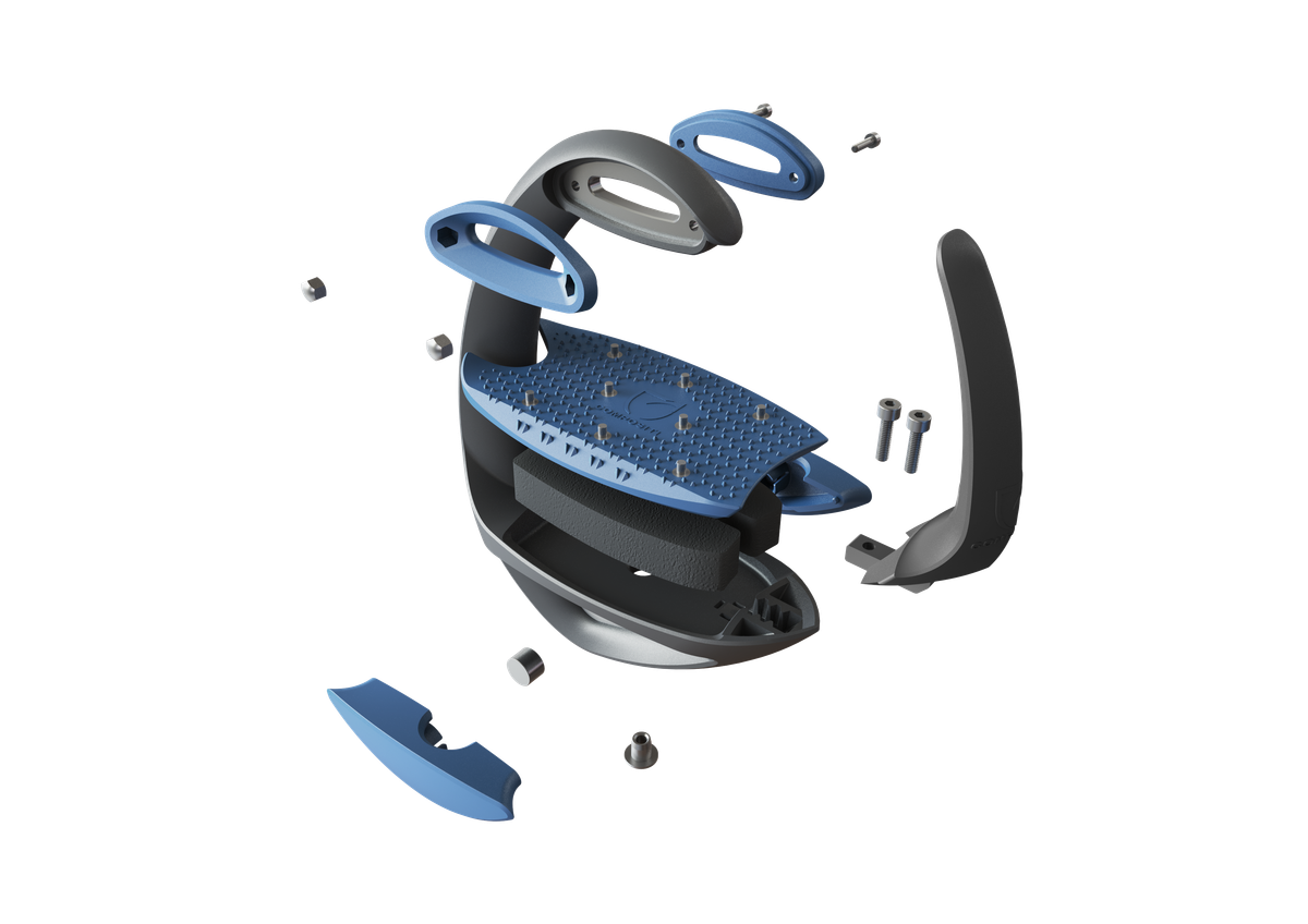 Ellipse Stirrup by Compositi, featuring flexible outer branch, solid connection, excellent grip spikes, cushioned footrests, removable covers for personalization, exploded view