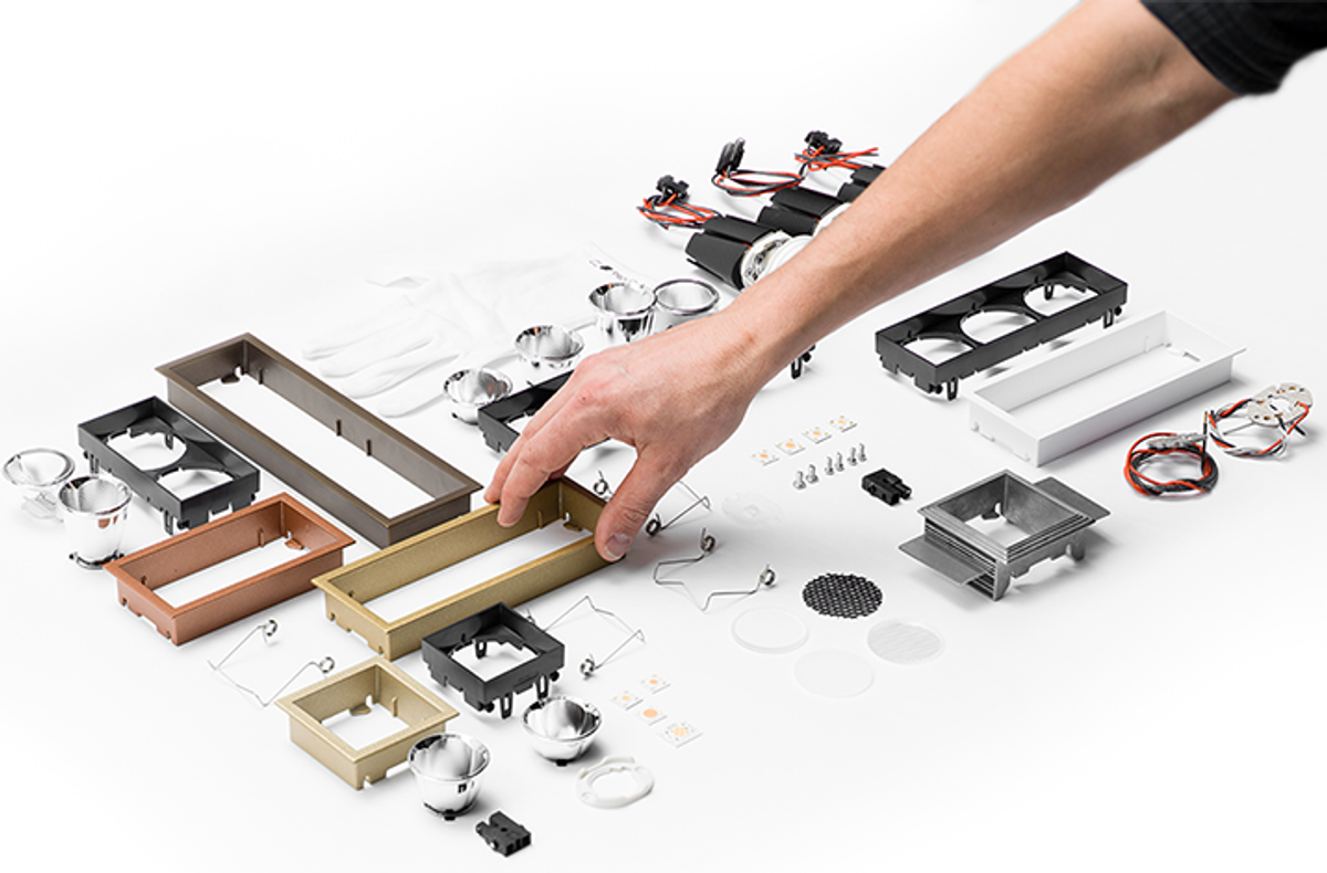 Magiq Pro lighting system by Prolicht with modular design, combining up to four light beams into one fixture, offering maximum freedom for lighting designers, all parts