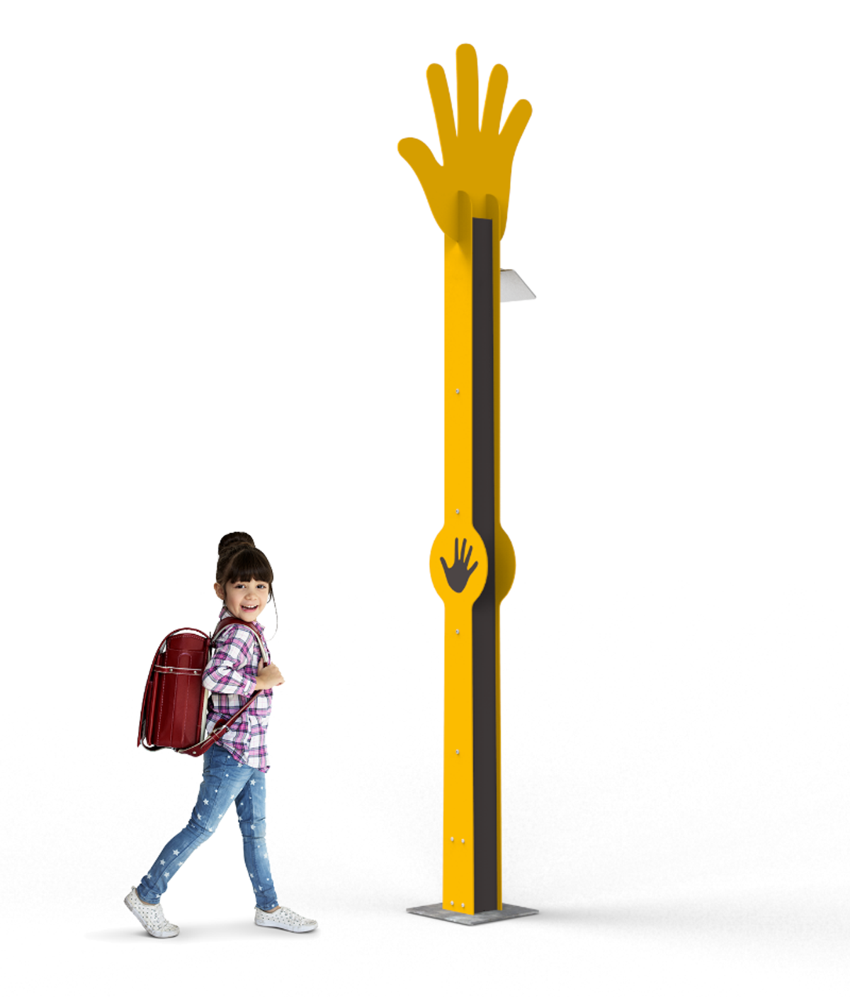 Aptus High Five Paal, speelse stop voor kinderen op weg naar school, onderdeel van Fit naar School campagne, registratie van high fives via polsbandje, conceptontwerp, design voor montage, engineering, schoolkind