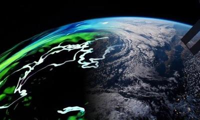 A satellite view of earth, part real imagery part projected imagery