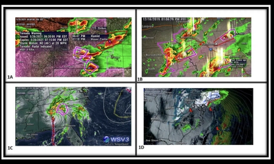 A collage of radar and satellite imagery from the visualization software WSV3