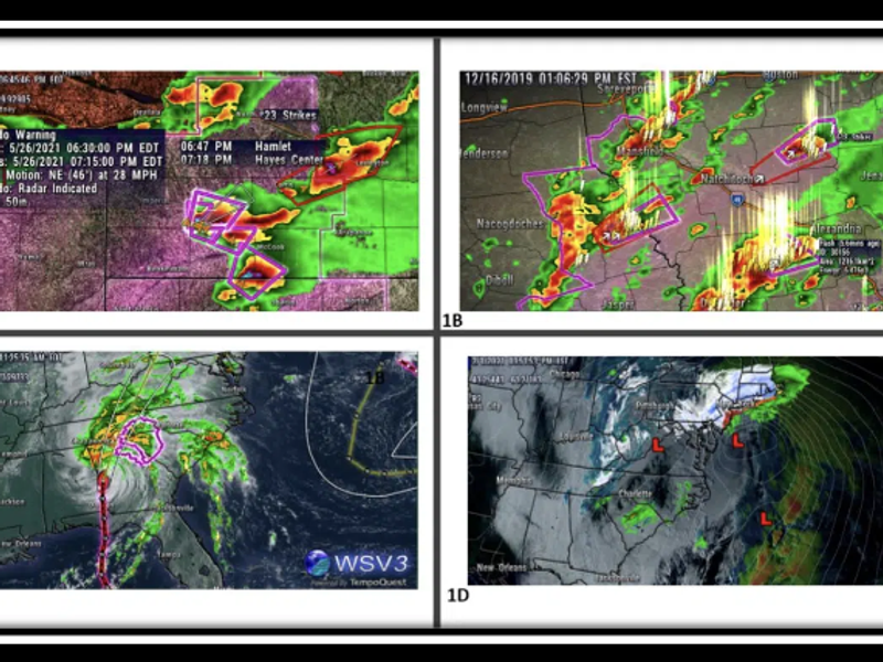 A collage of radar and satellite imagery from the visualization software WSV3