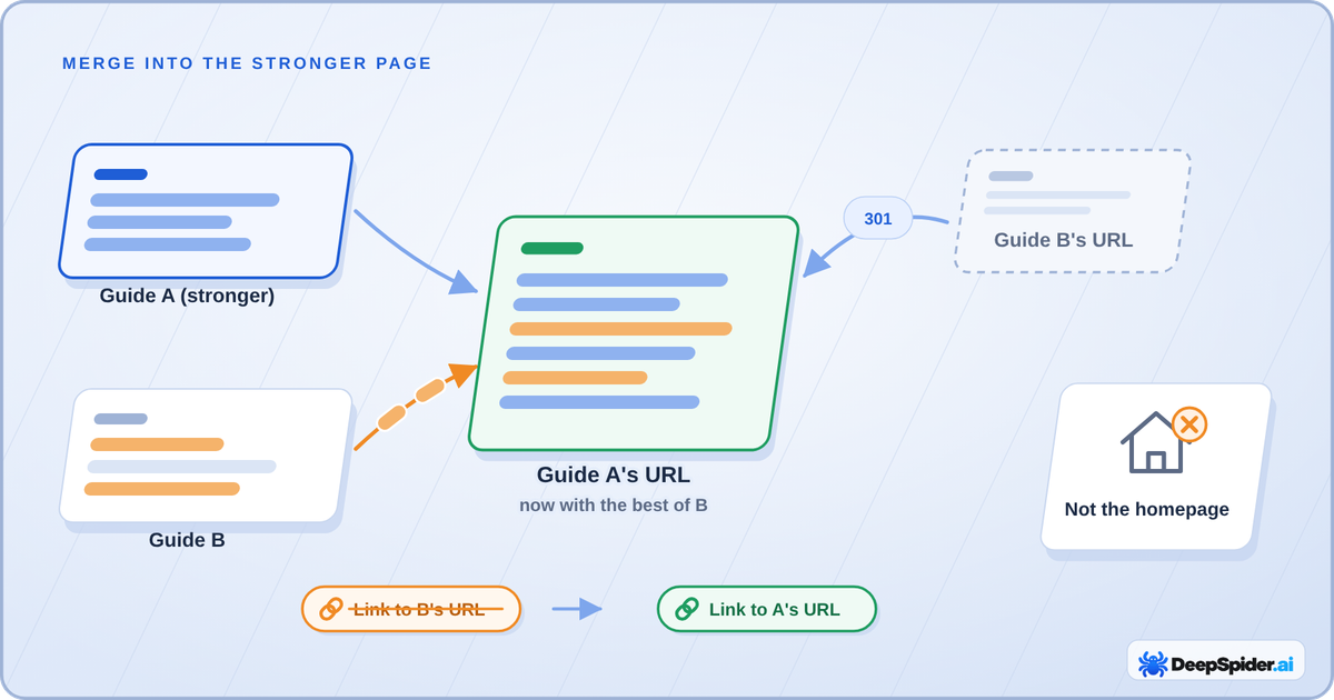 Diagram: the best of Guide B moves into the stronger Guide A, which keeps its URL; Guide B's URL redirects to it once with a 301, internal links point to Guide A's URL, and a note warns against redirecting to the homepage