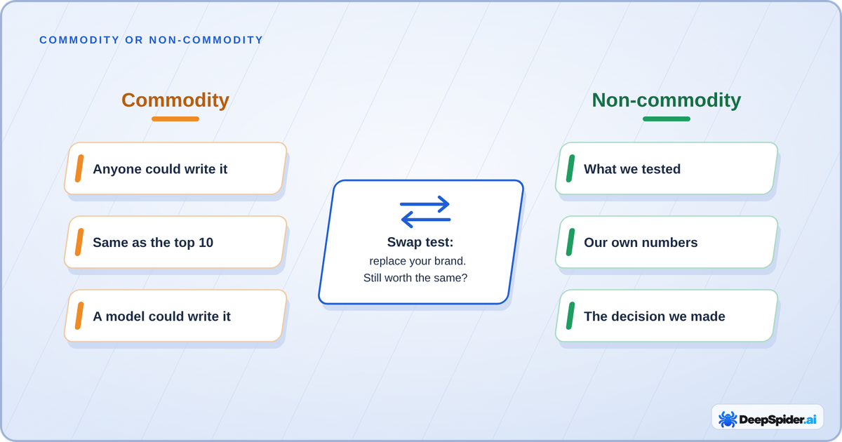 Diagram comparing commodity content, which anyone or any model could write, with non-commodity content based on your own tests, numbers and decisions