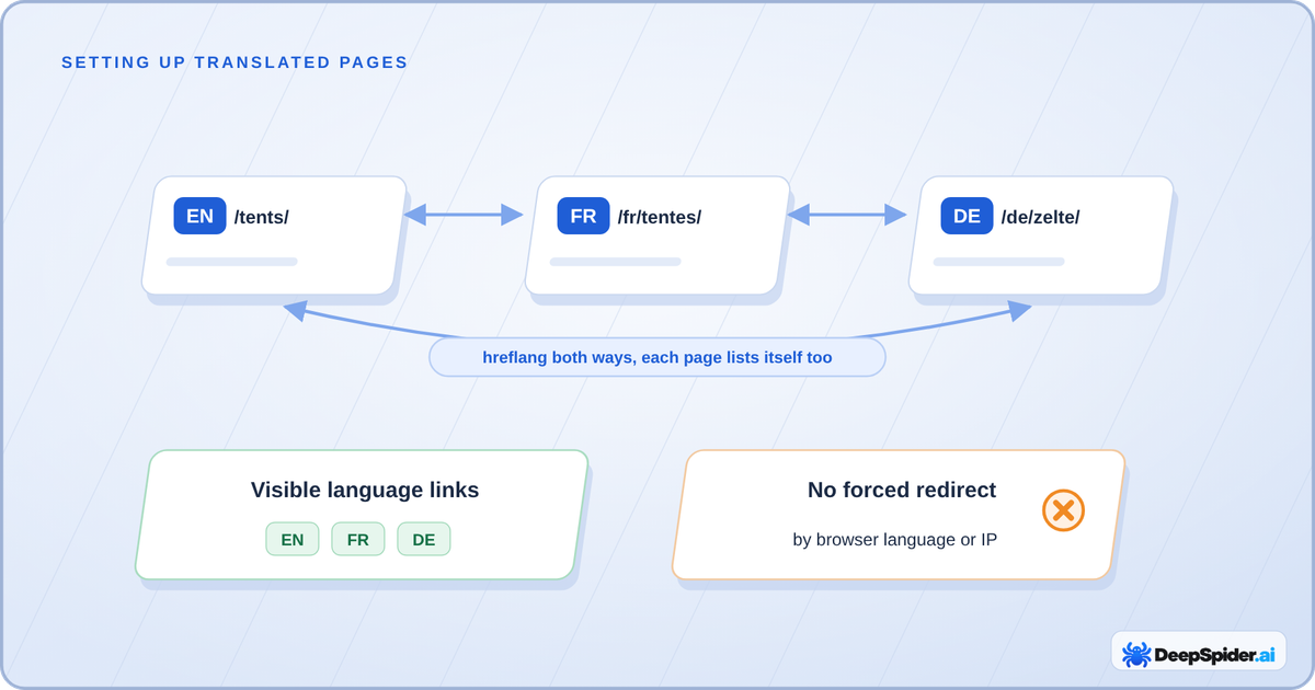 Technical setup for translated pages: one URL per language connected by hreflang in both directions, visible language links and no forced redirect