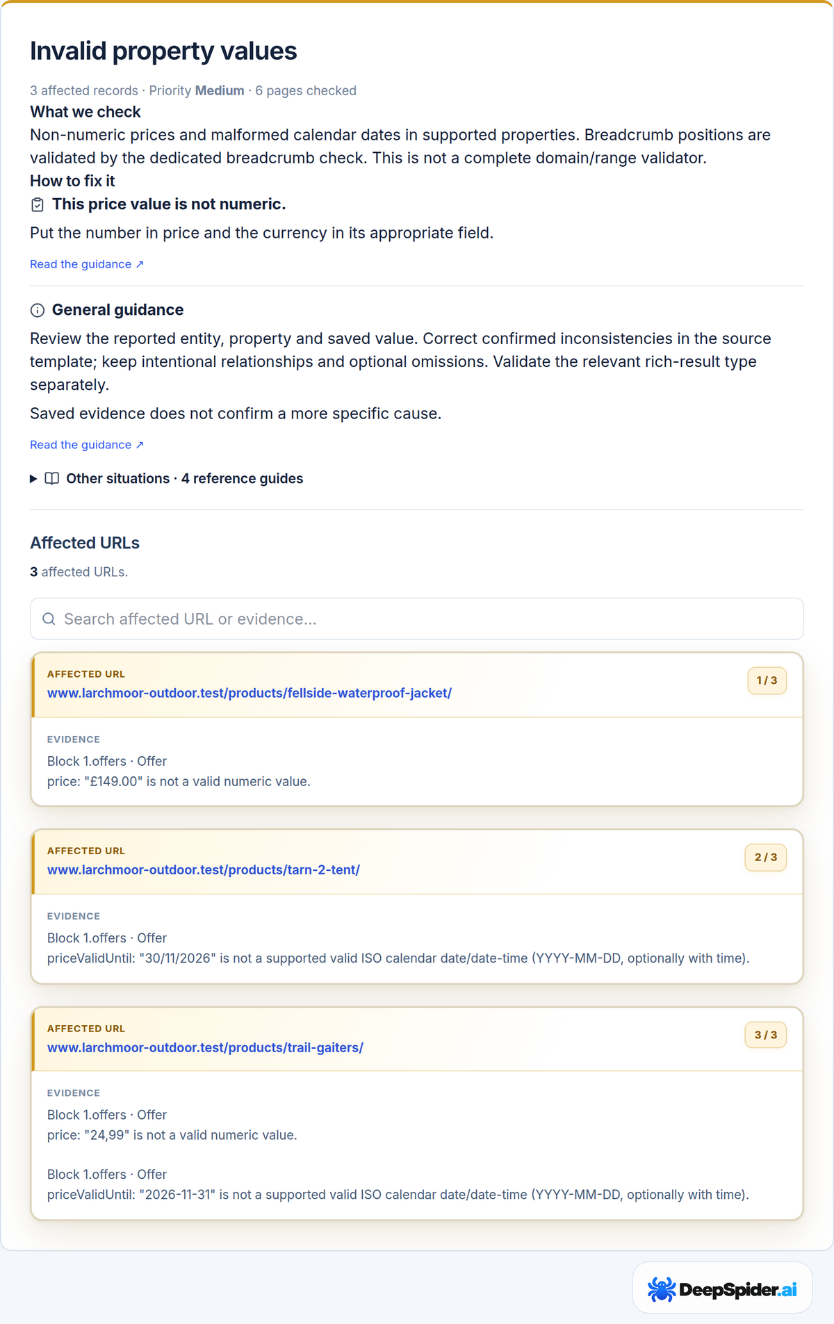 DeepSpider.ai check Invalid property values for the fictional shop larchmoor-outdoor.test, listing three product pages with a price containing a currency symbol, a price with a decimal comma and priceValidUntil dates that are not valid ISO dates, with How to fix it guidance above.