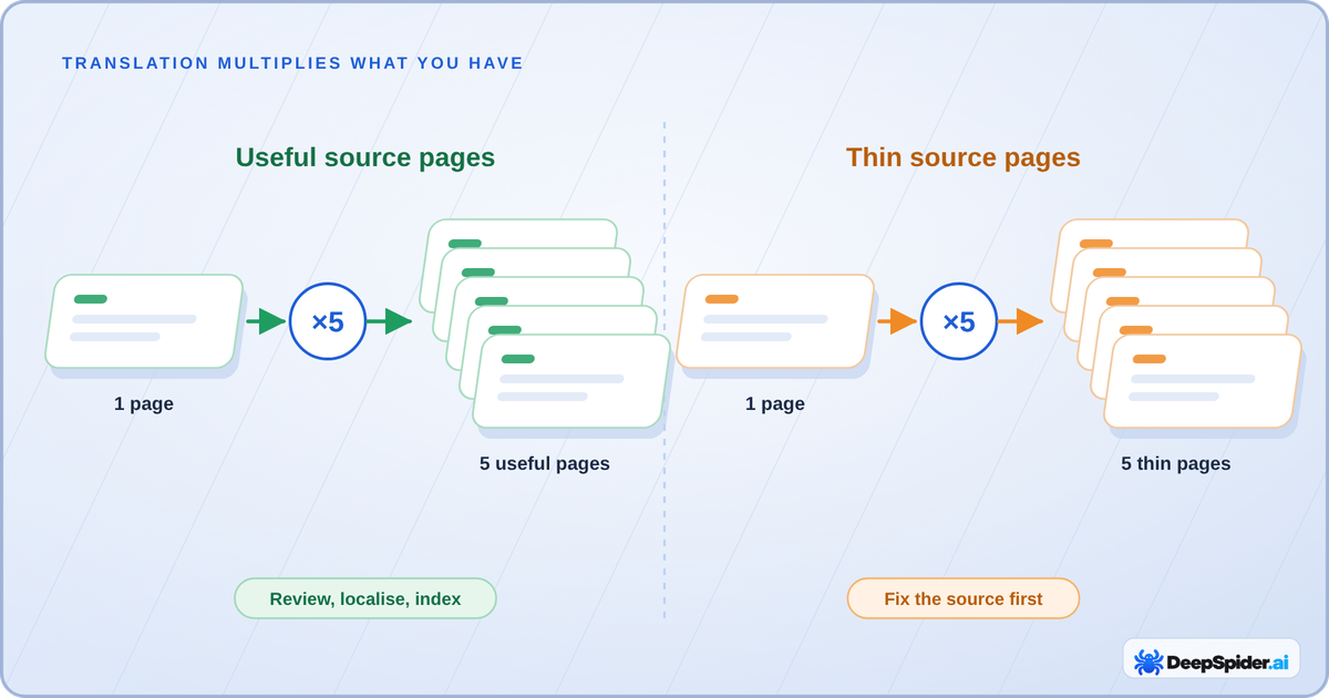 Diagram: translating one useful page into five languages gives five useful pages, while translating a thin page gives five thin pages