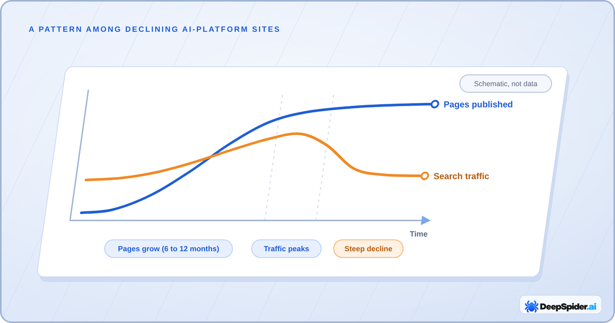 Schematic chart: published pages rise steadily while search traffic rises, peaks and then falls steeply, erasing most of its gain
