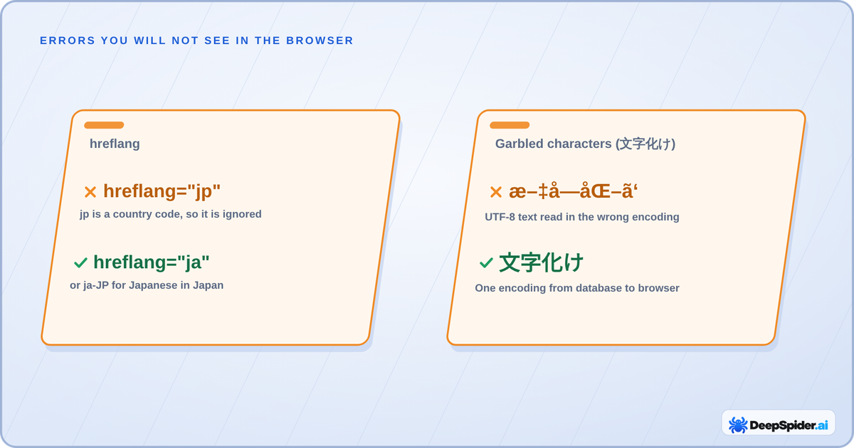 Two cards: hreflang jp is ignored because jp is a country code while hreflang ja is correct; and the garbled text æ–‡å­—åŒ–ã‘ next to the correct 文字化け