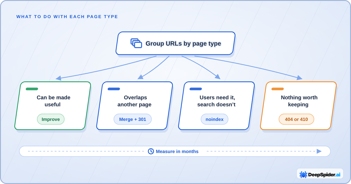 Decision diagram: group URLs by page type, then improve, merge and redirect, keep out of search with noindex, or remove with 404 or 410