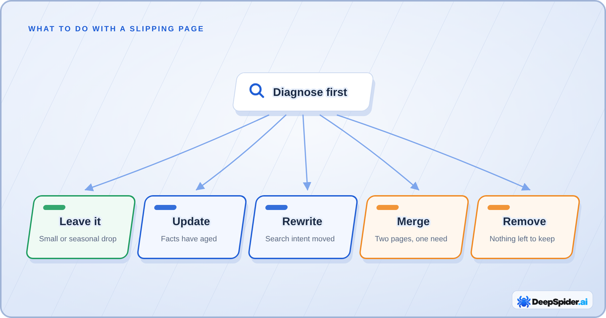 Diagram: Diagnose first leads to five outcomes, leave it, update, rewrite, merge or remove, each with its condition
