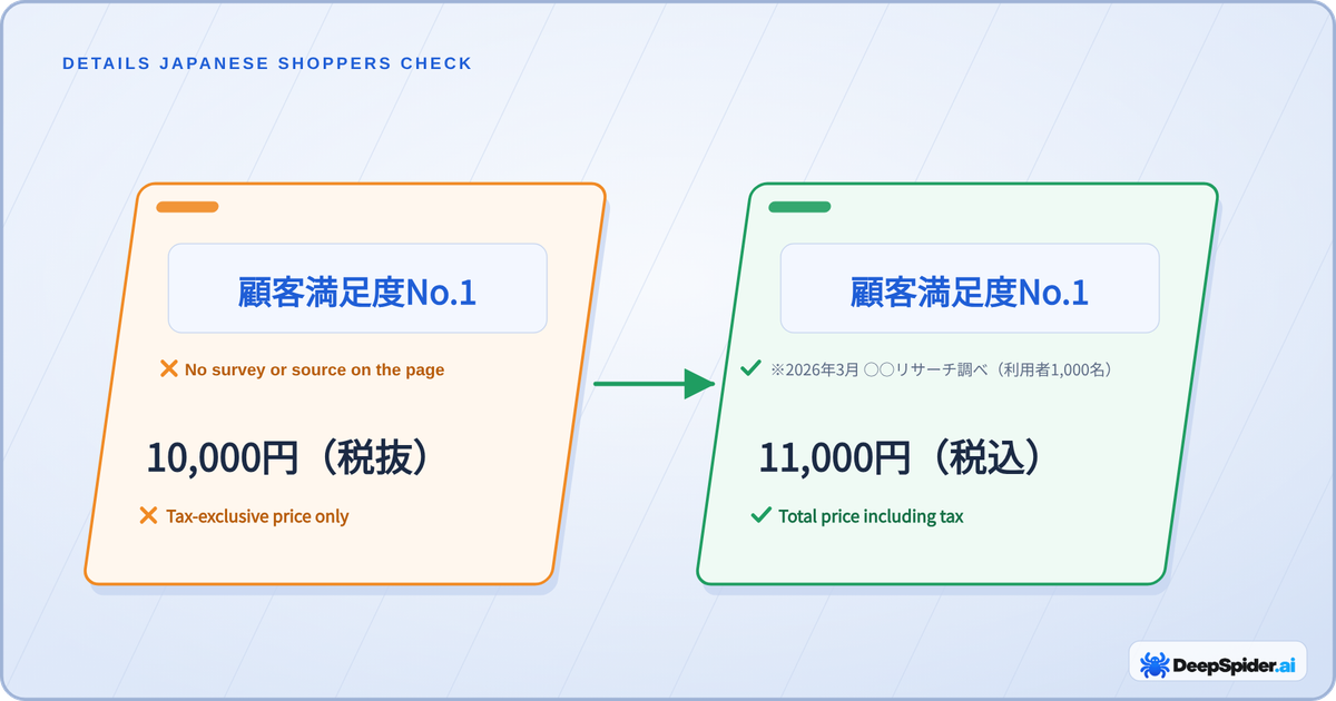 Two product cards: the left one claims 顧客満足度No.1 with no survey named and shows 10,000円 tax excluded; the right one adds a survey note under the claim and shows 11,000円 including tax