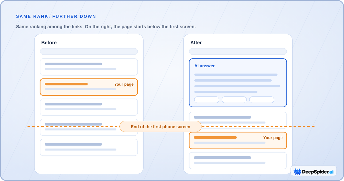 Two simplified results pages: before, your page is the second link and sits well inside the first phone screen; after, an AI answer block sits above the links, so your page, still the second link, starts below the first screen