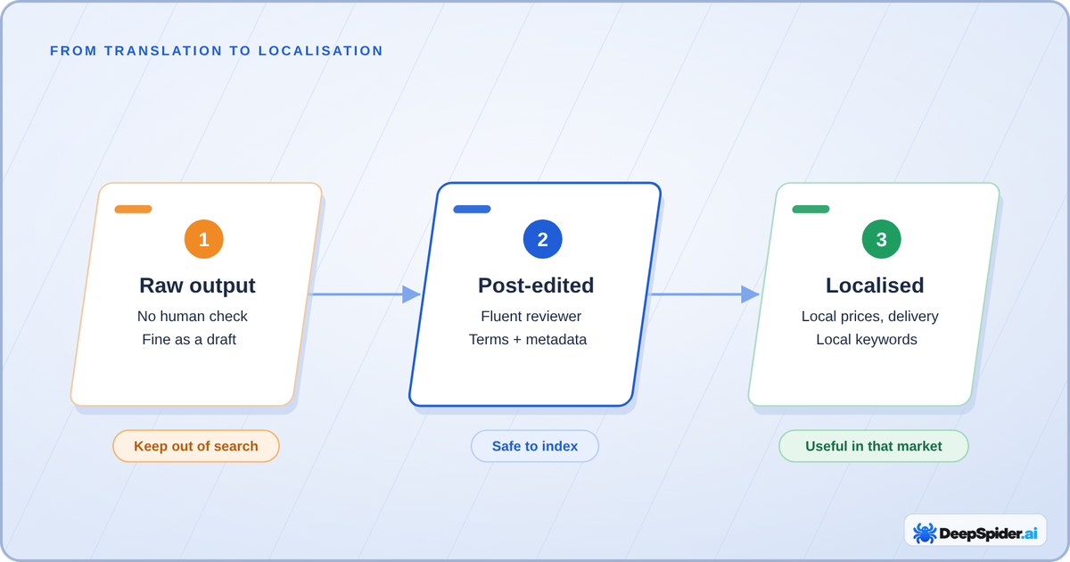 Three levels of translation: raw output kept out of search, post-edited translation safe to index, and localised pages useful in that market