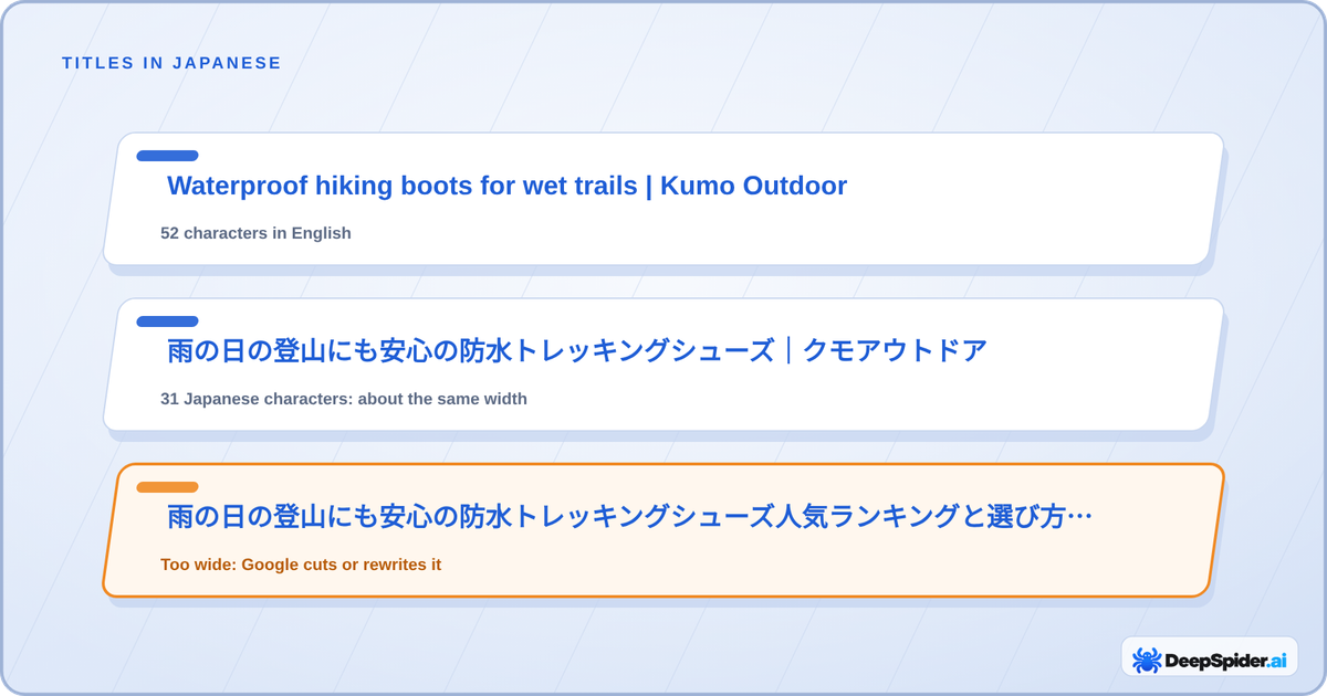 Three search result titles: a 52 character English title, a 31 character Japanese title of about the same width, and a longer Japanese title that is too wide and gets cut
