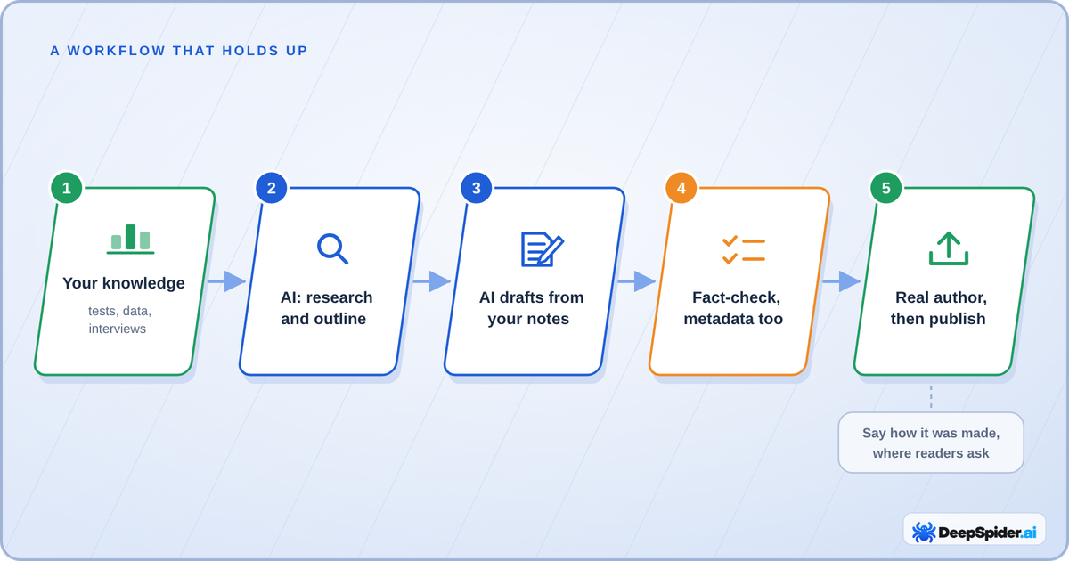 Five-step AI-assisted writing workflow from your own knowledge through AI research and drafting to fact-checking and publishing under a real author